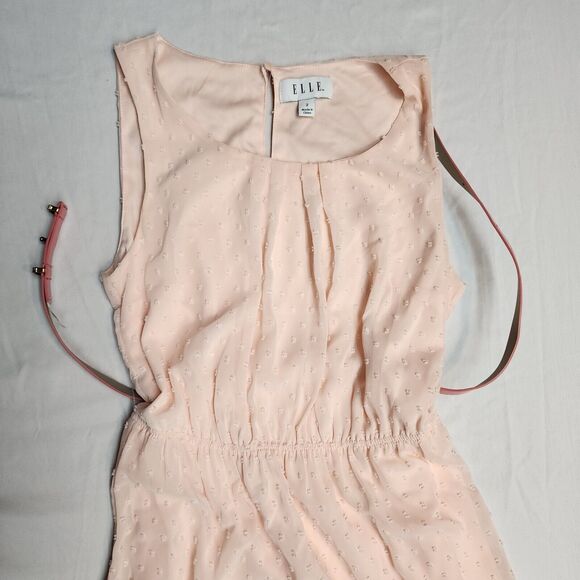 Elle Dress Womens Small Coral Pink Fit & Flare Sleeveless Dotted Belted (A24) - Picture 4 of 9